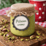 Pistaziencreme auf rustikalem Holzbrett