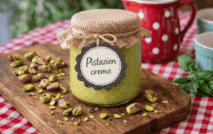 Pistaziencreme auf rustikalem Holzbrett