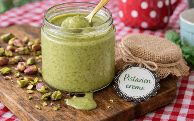Pistaziencreme eingemacht auf Holzbrett