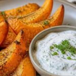 Goldbraune Ofen-Kürbisspalten mit Kräuterquark auf einem Backblech angerichtet