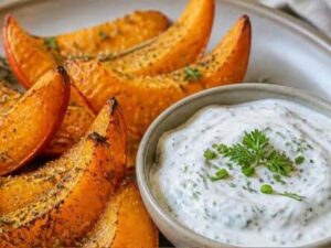 Goldbraune Ofen-Kürbisspalten mit Kräuterquark auf einem Backblech angerichtet