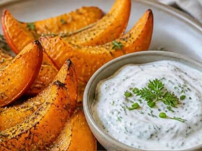 Goldbraune Ofen-Kürbisspalten mit Kräuterquark auf einem Backblech angerichtet